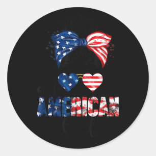 Pegatina Redonda Camiseta Chica Todo Americana Bandera Usa 4 De Jul