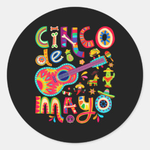 Pegatina Redonda Camiseta Cinco De Mayo Taco Mexicano Guitarra Fies