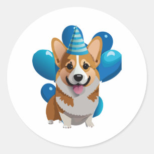 Pegatina Redonda Camiseta clásica de cumpleaños Blue Corgi (1)