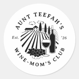 Pegatina Redonda Camiseta Club de Vino de Tía para Mamás - Negro