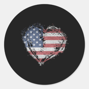 Pegatina Redonda Camiseta Corazón Vintage Bandera Americana Usa Pat