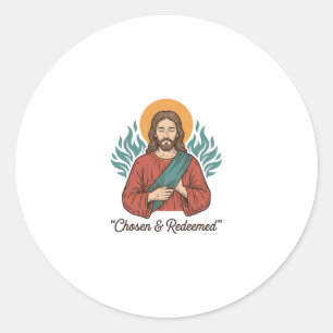 Pegatina Redonda Camiseta cristiana vintage de Jesús elegida y redi