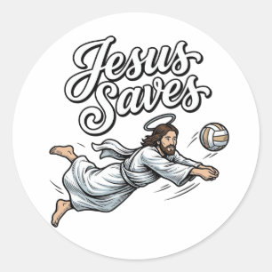 Pegatina Redonda Camiseta cristiana vintage de voleibol Jesús salva