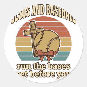 Pegatina Redonda Camiseta Cristiana Vintage Jesús y Béisbol