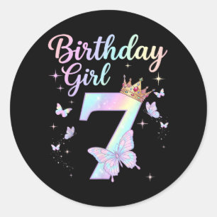Pegatina Redonda Camiseta cumpleaños 7 niña siete 7 años mariposa
