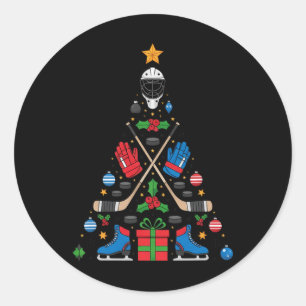 Pegatina Redonda Camiseta de árbol de Navidad de hockey, ropa de pi