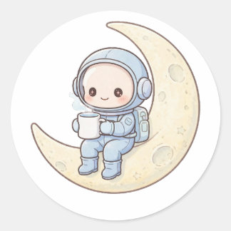 Pegatina Redonda Camiseta de café lunar para astronauta diminuto, r