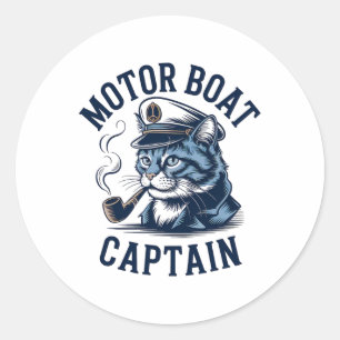 Pegatina Redonda Camiseta de Capitán de Barco a Motor Gato Divertid