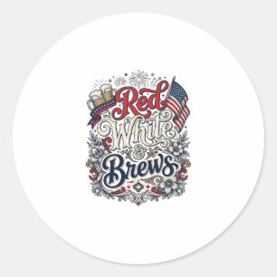 Pegatina Redonda Camiseta de cerveza patriótica Red White & Brews D