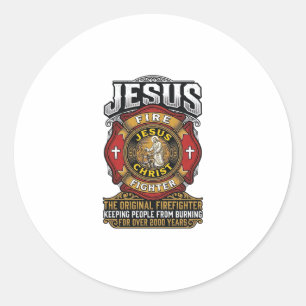 Pegatina Redonda Camiseta de fe cristiana vintage bombero Jesús