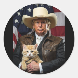 Pegatina Redonda Camiseta de gato de Donald Trump vaquero bandera a
