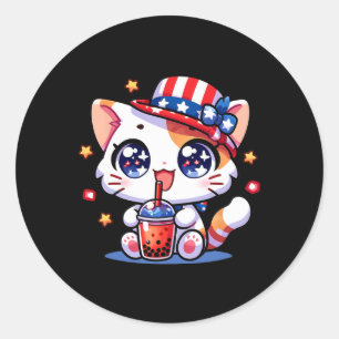 Pegatina Redonda Camiseta De Gato Lindo Del 4 De Julio Para Niñas K