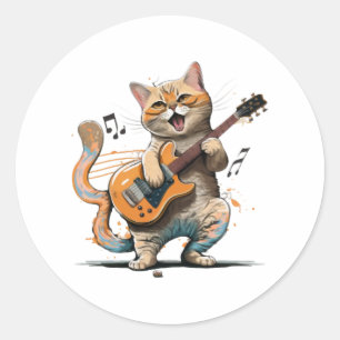 Pegatina Redonda Camiseta de gato lindo tocando Guitarra, Gato geni