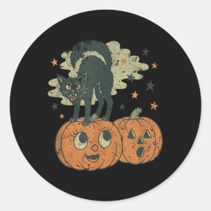 Pegatina Redonda Camiseta de gato negro silbando Halloween vintage