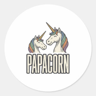 Pegatina Redonda Camiseta de grabado vintage de Papacorn Unicorn Da