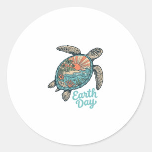Pegatina Redonda Camiseta de grabado vintage de tortuga marina del