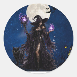 Pegatina Redonda Camiseta de Halloween de Bruja Mística Luna