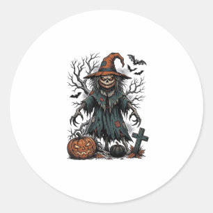 Pegatina Redonda Camiseta de Halloween de Calabaza de Espantapájaro