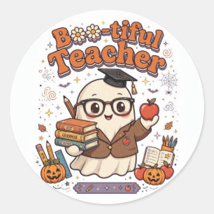 Pegatina Redonda Camiseta de Halloween de Profesora Boo-tiful Enseñ