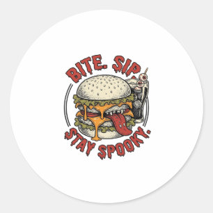 Pegatina Redonda Camiseta de Hamburguesa Espeluznante Grabado Vinta