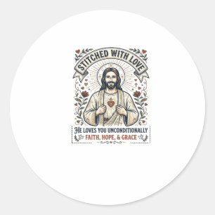 Pegatina Redonda Camiseta de Jesús cosiendo bordado Gráfico cristia