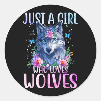 Pegatina Redonda Camiseta de lobo lindo Una chica que ama a los lob