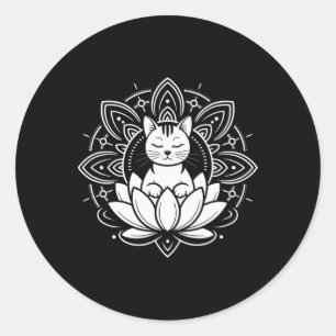 Pegatina Redonda Camiseta de Meditación Yoga Flor de Loto Gato Pací