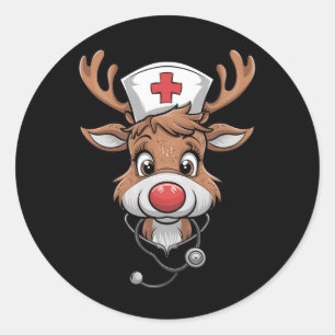 Pegatina Redonda Camiseta de Navidad Guantes de Goma Reno Enfermera