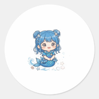 Pegatina Redonda Camiseta de niña sirena del océano azul lindo - Ka