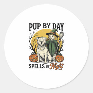 Pegatina Redonda Camiseta de Perro Bruja de Halloween Grabado Vinta