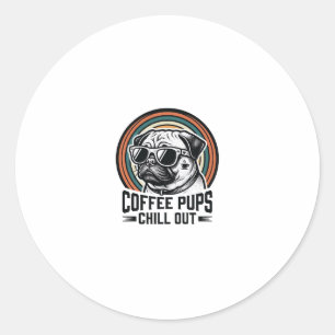 Pegatina Redonda Camiseta de perro de café Retro Chill Pug Graphic_
