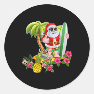 Pegatina Redonda Camiseta de surf hawaiano de Santa Claus Navidad e