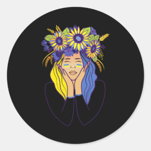 Pegatina Redonda Camiseta de Ucrania Mujer Chica Ucraniana Girasol
