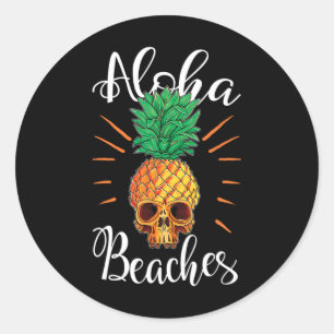Pegatina Redonda Camiseta de vacaciones de cráneo de piña de playas