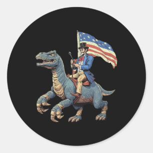 Pegatina Redonda Camiseta Divertida Abe Lincoln Montando Un Dinosau