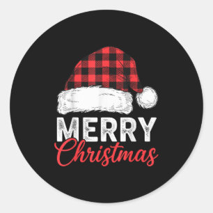 Pegatina Redonda Camiseta Feliz Navidad Sombrero de Santa Plaid de