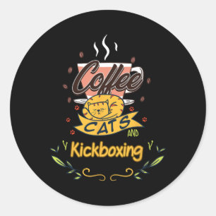 Pegatina Redonda Camiseta Gráfica de Café Gatos y Kickboxing de Caf
