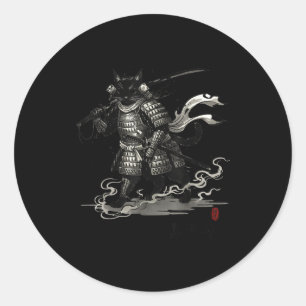 Pegatina Redonda Camiseta Japonesa Gato Samurái Vintage