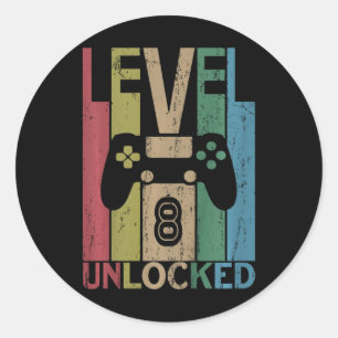 Pegatina Redonda Camiseta Kids Nivel 8 Desbloqueado Videojugador Cu