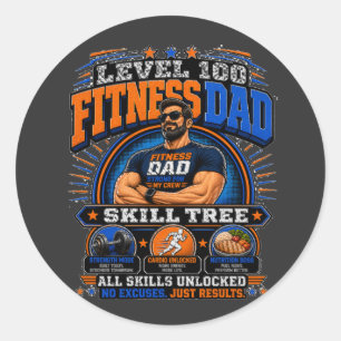 Pegatina Redonda Camiseta Level 100 Fitness Dad – Skill Tree Gym Da
