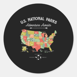 Pegatina Redonda Camiseta Mapa Parques Nacionales Camping Mujeres H