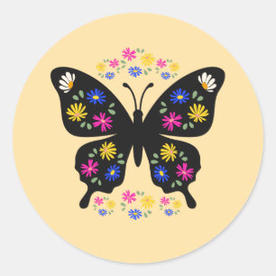 Pegatina Redonda Camiseta mariposa con flores multicolor