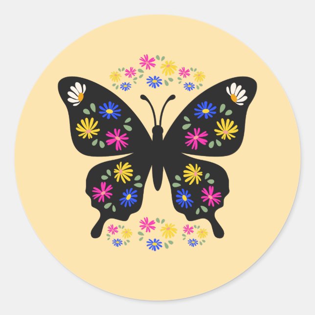 Pegatina Redonda Camiseta mariposa con flores multicolor (Anverso)