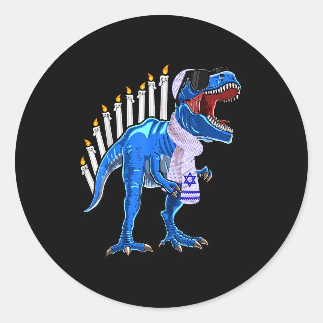 Pegatina Redonda Camiseta Menorasaurus Rex T Rex Dinosaurio Hanukka (Anverso)