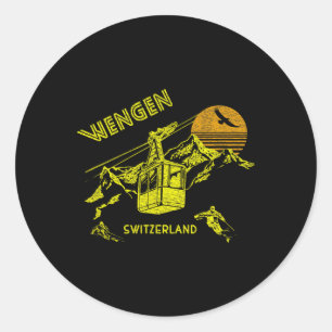 Pegatina Redonda Camiseta Retro de Esquí Wengen Suiza