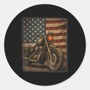 Pegatina Redonda Camiseta Retro Motocicleta Usa Bandera Hombres & M
