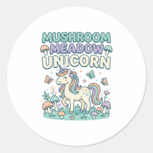 Pegatina Redonda Camiseta Unicornio Hongo Pradera Unicornio de Moda