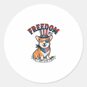 Pegatina Redonda Camiseta vintage con grabado de Corgi patriótico d