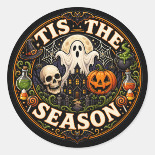 Pegatina Redonda Camiseta Vintage Gráfica de Halloween 'Es La Tempo