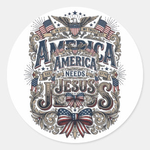 Pegatina Redonda Camiseta Vintage Patriótica América Necesita Jesús
